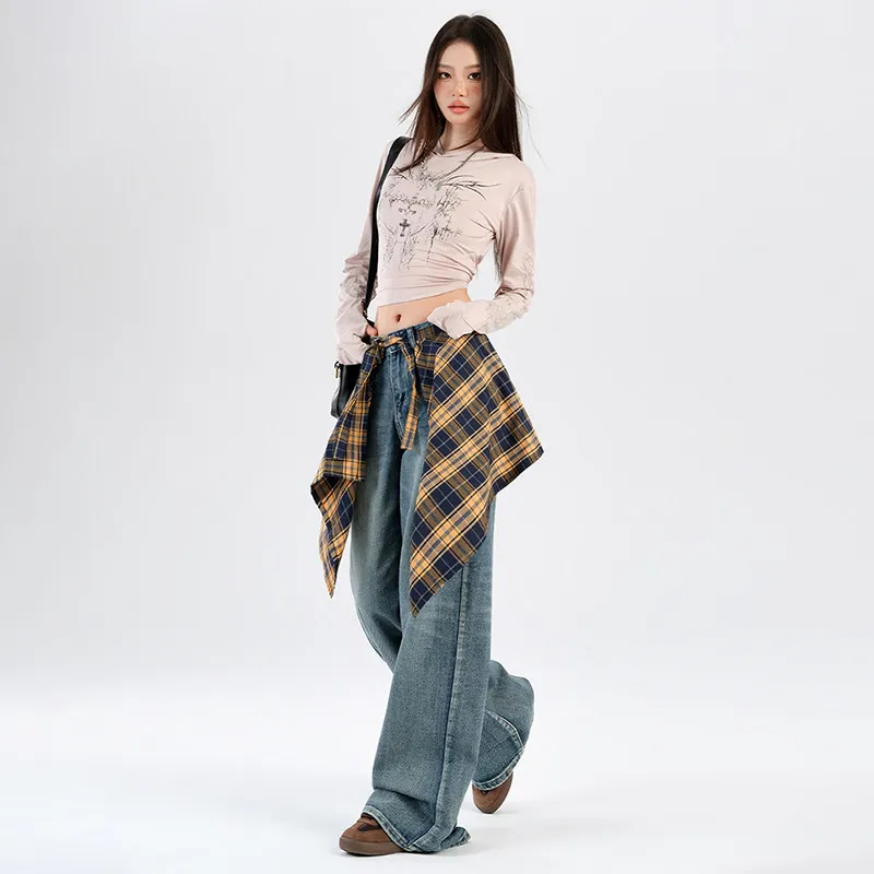 American Streetwear Vintage Yellow Plaid Skirt Extender Women/Men Irregular Hem Lace-Up One-Piece Accessory