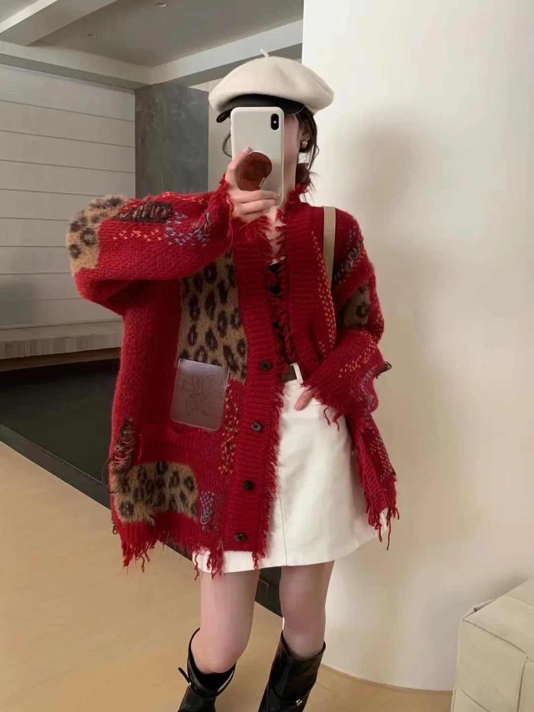 レディース レオパード柄 パッチワーク カーディガン ニット セーター Vネック 長袖 シングルブレスト ルーズ カジュアル エレガント オフィスレディー 2025年秋