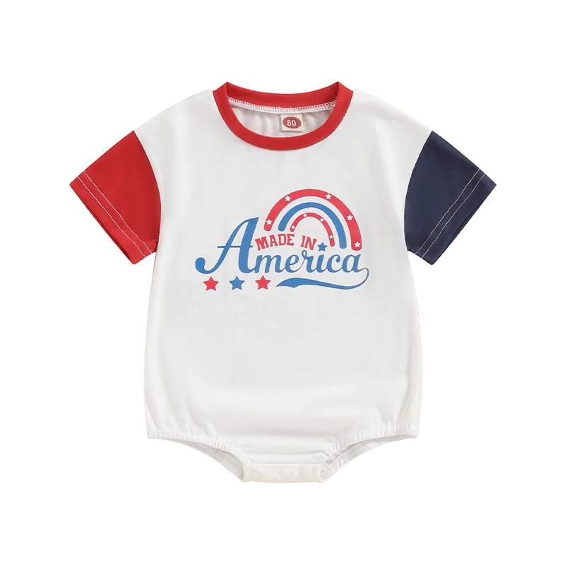 

Baby Girls Boys Romper Short Sleeve Crew Neck Letters Rainbow Print Summer Bodysuit Clothes for Independence Day