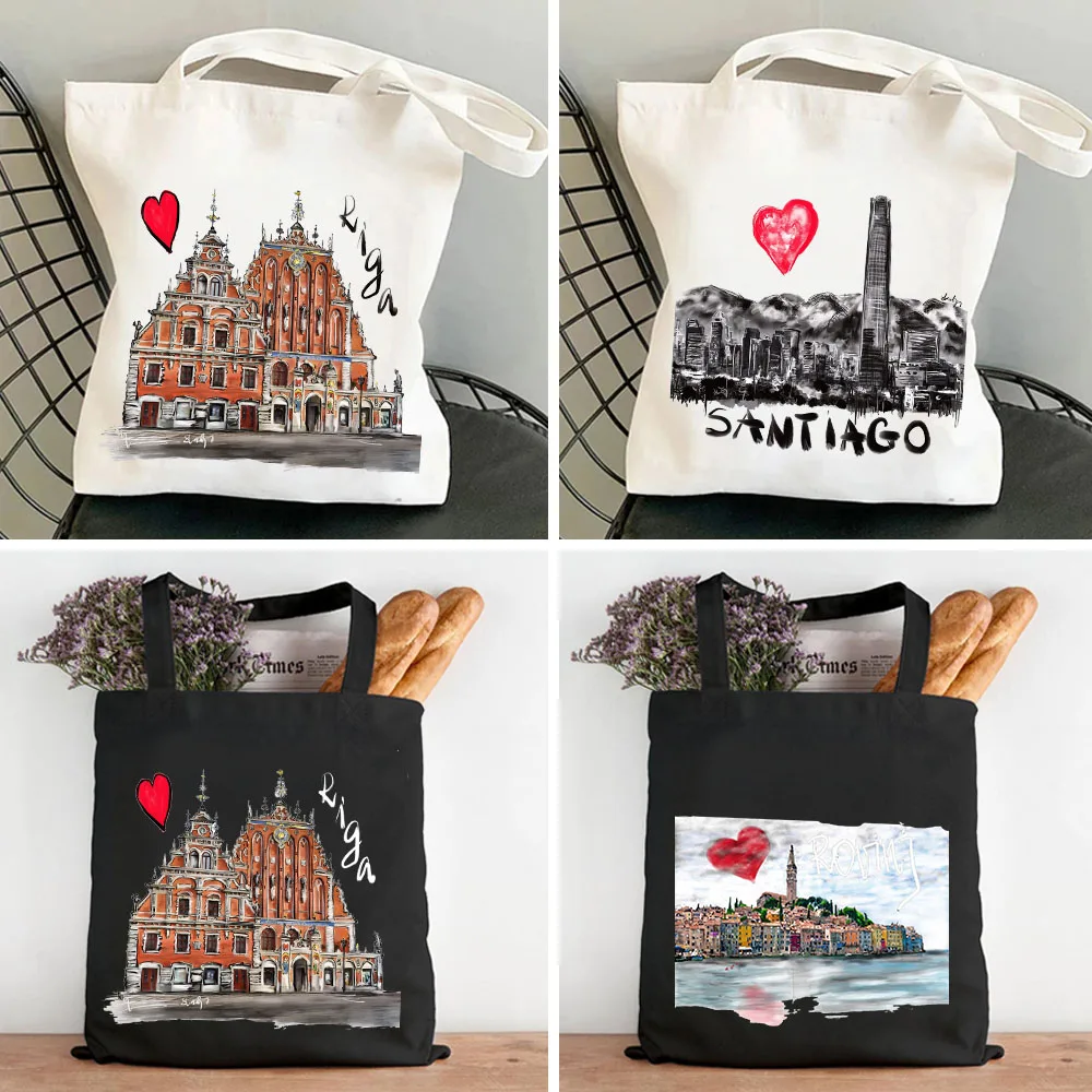 City Seoul Tallinn Tbilisi Thimphu Tunis Watercolor Ink Painting Women Canvas Shopper Handbags Totes Shoulder Eco Shopping Bags