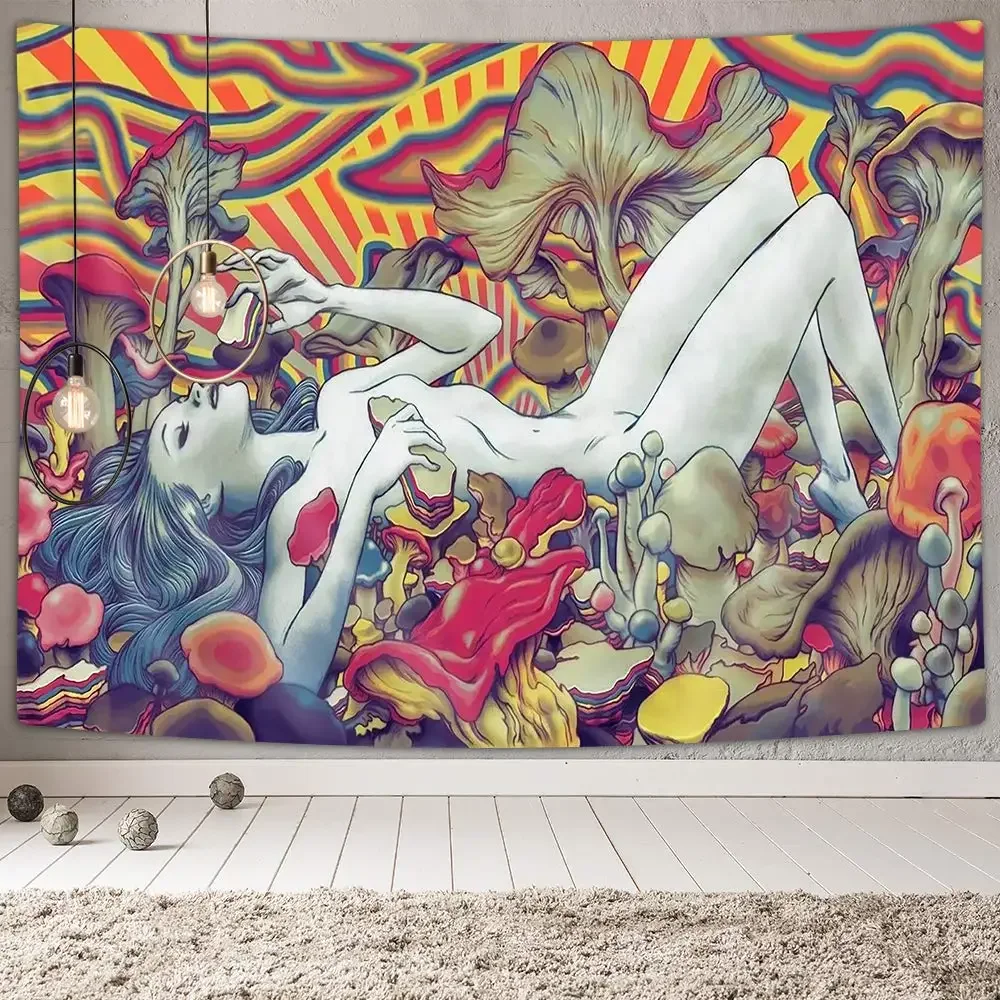 Psychedelic Mushroom Tapestry, Abstract Naked Girl Lying on Trippy Mushroom Wall Tapestry Wall Hanging for Bedroom Living Room