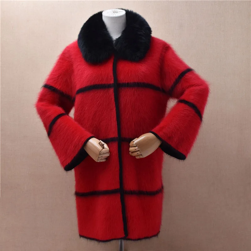 Heavy Thick Women Mujer Autumn Winter Hairy Mink Cashmere Knitted Fur Collar Loose Striped Cardigans Angora Fur Jacket Coat Pull