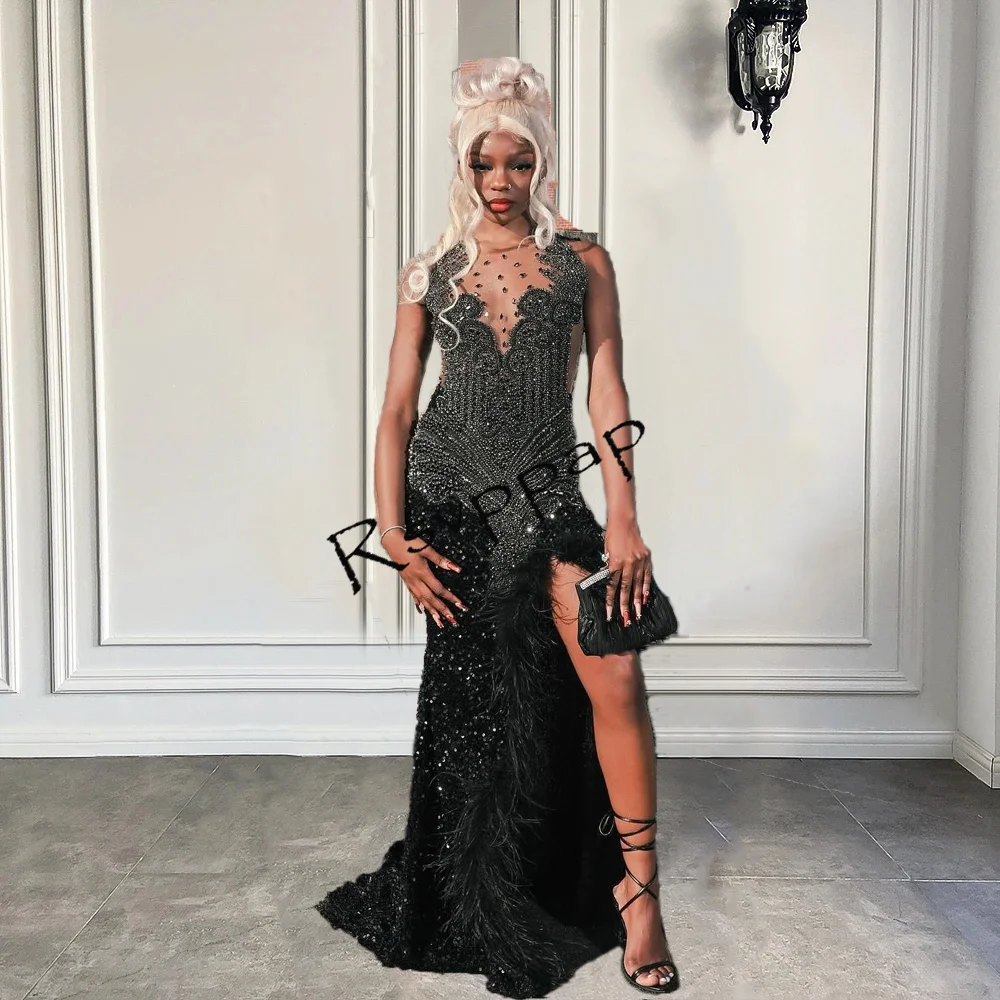 

Sexy High Slit Long Black Mermaid Prom Dresses 2024 African Girls Redcarpet Sparkly Sequin Rhinestones Feathers Party Prom Gowns