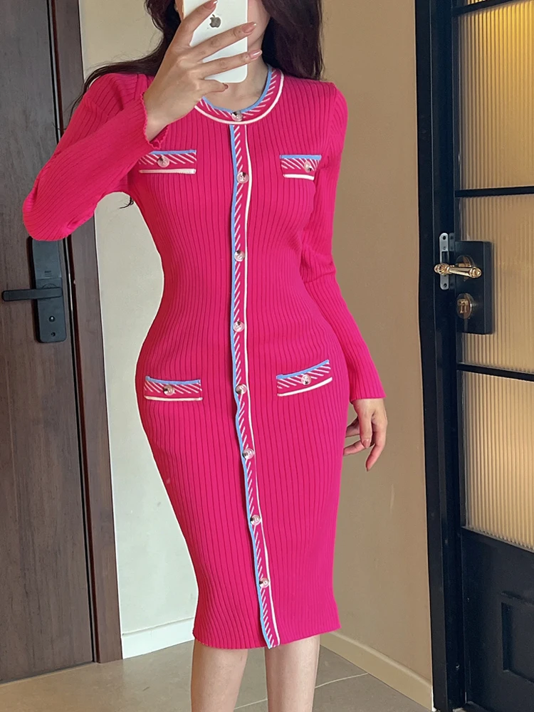 الربيع الرجعية المرأة واحدة الصدر محبوك فساتين موضة جديدة س الرقبة طويلة الأكمام الإناث سترة Bodycon فساتين رداء #4