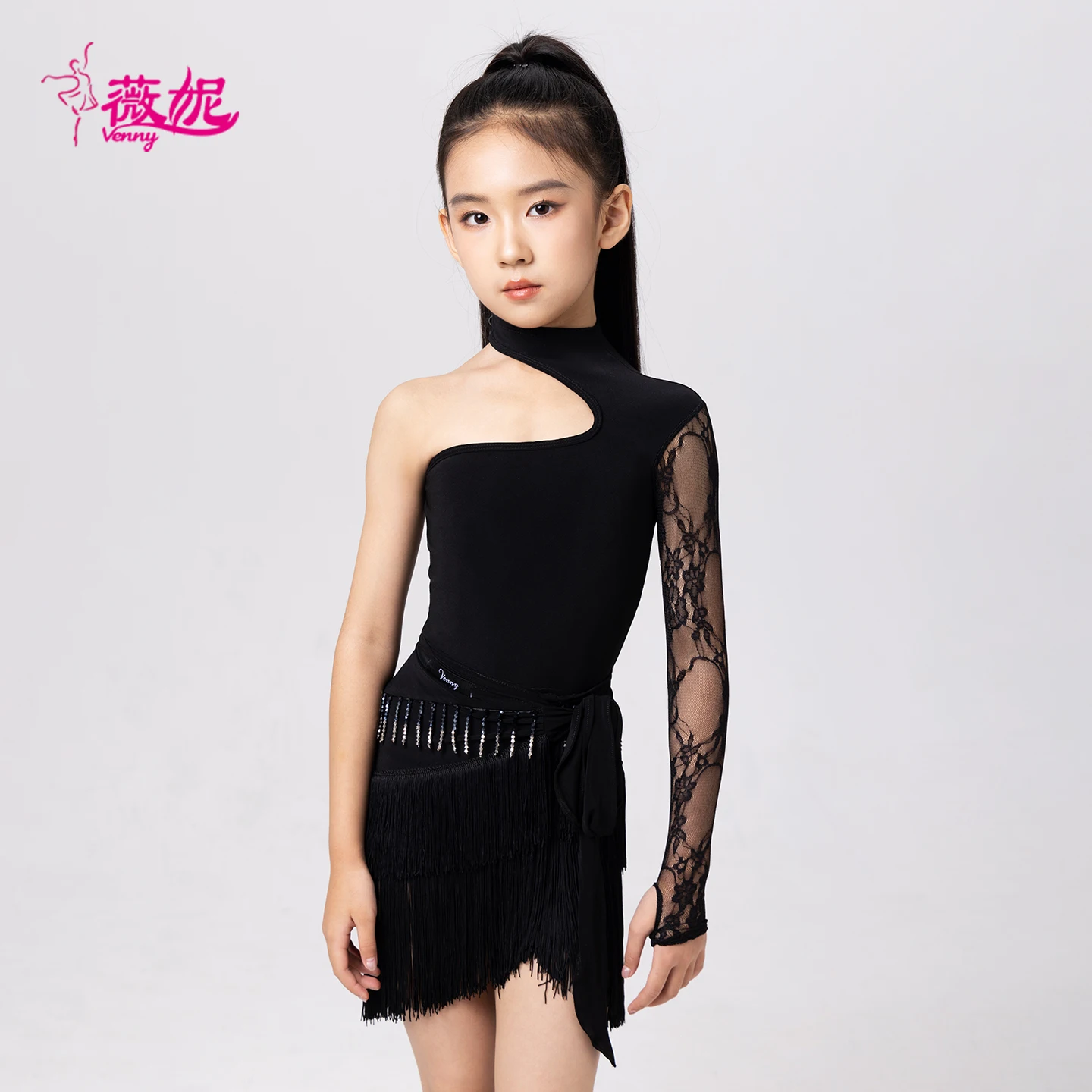 

Vennystyle Latin Dance Dress with Fringe Skirt & Lace Asymmetric Long Sleeve Sash Belt for Girls Performance ballroom dancing