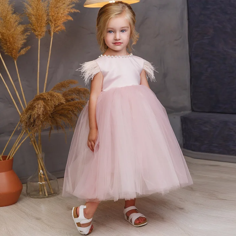 

Flower Girl Dresses Pink Tulle Pearls With Bow Feather Sleeve For Wedding Birthday Party Holy Communion Gowns