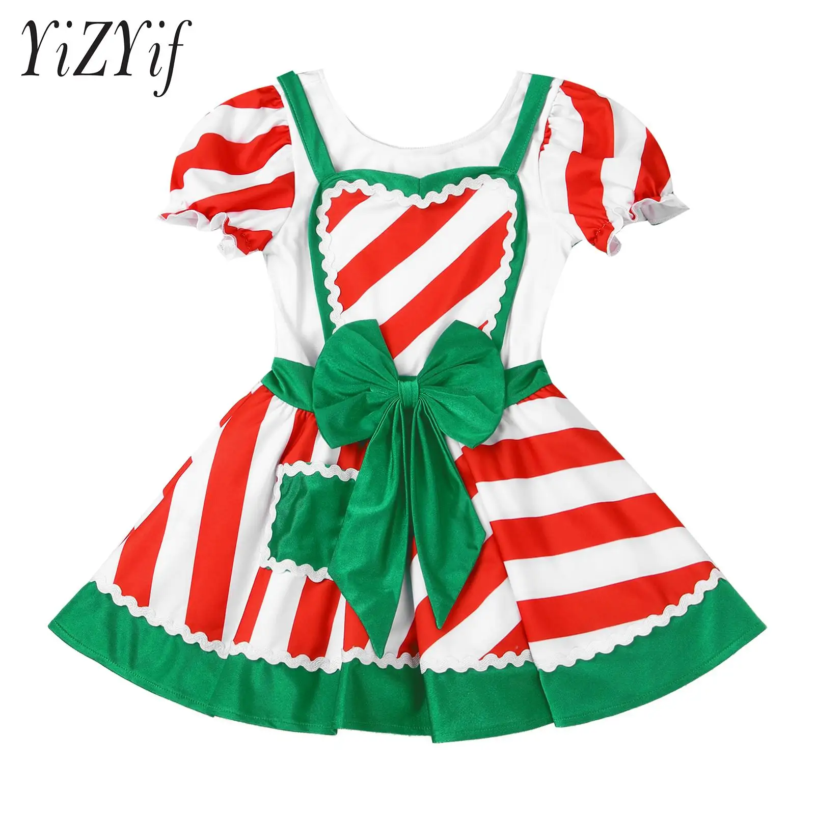 Kids Girls Christmas Clothing Stripes Patchwork Back Straps Bow Knot Front Tutu Mesh Layered Dress Christmas Dress Child Girl