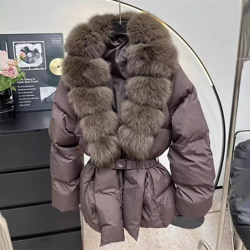 High-Quality Winter Women's Fox Fur Collar Waist-Cinching Puffer Jacket Y2K Stylish Casual Thick Warm Coat 2025