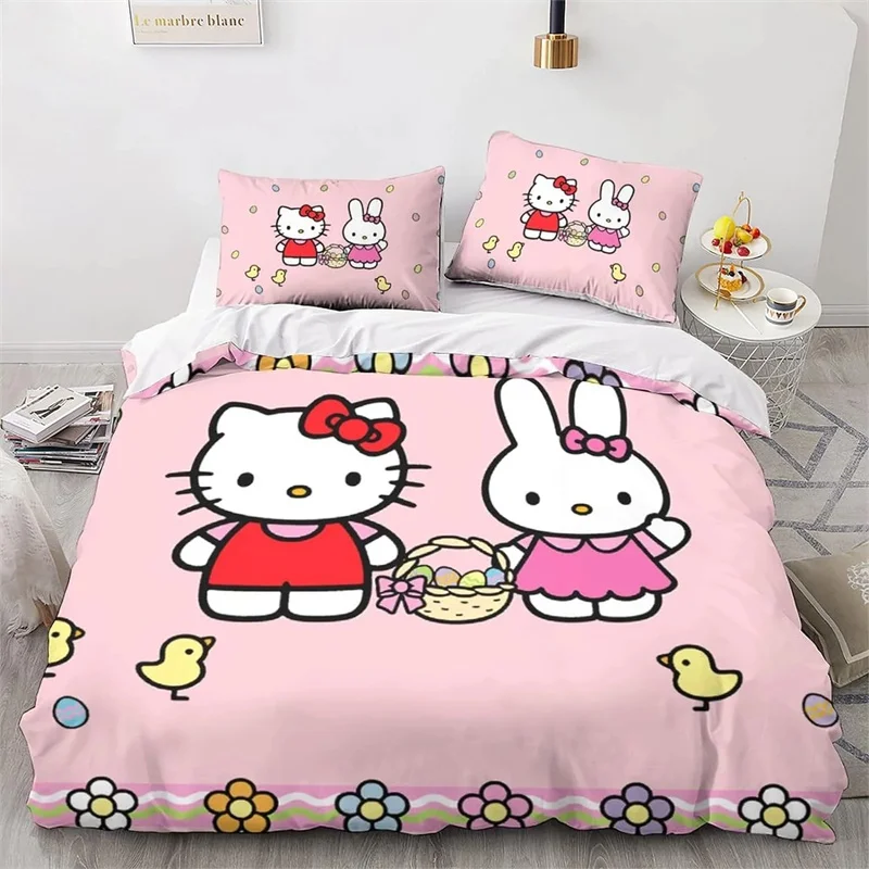 Funda de edredón de Hello Kitty, juego de cama individual, doble, Extra grande, regalo para niños, Linda funda de almohada cosida, 2/3 piezas