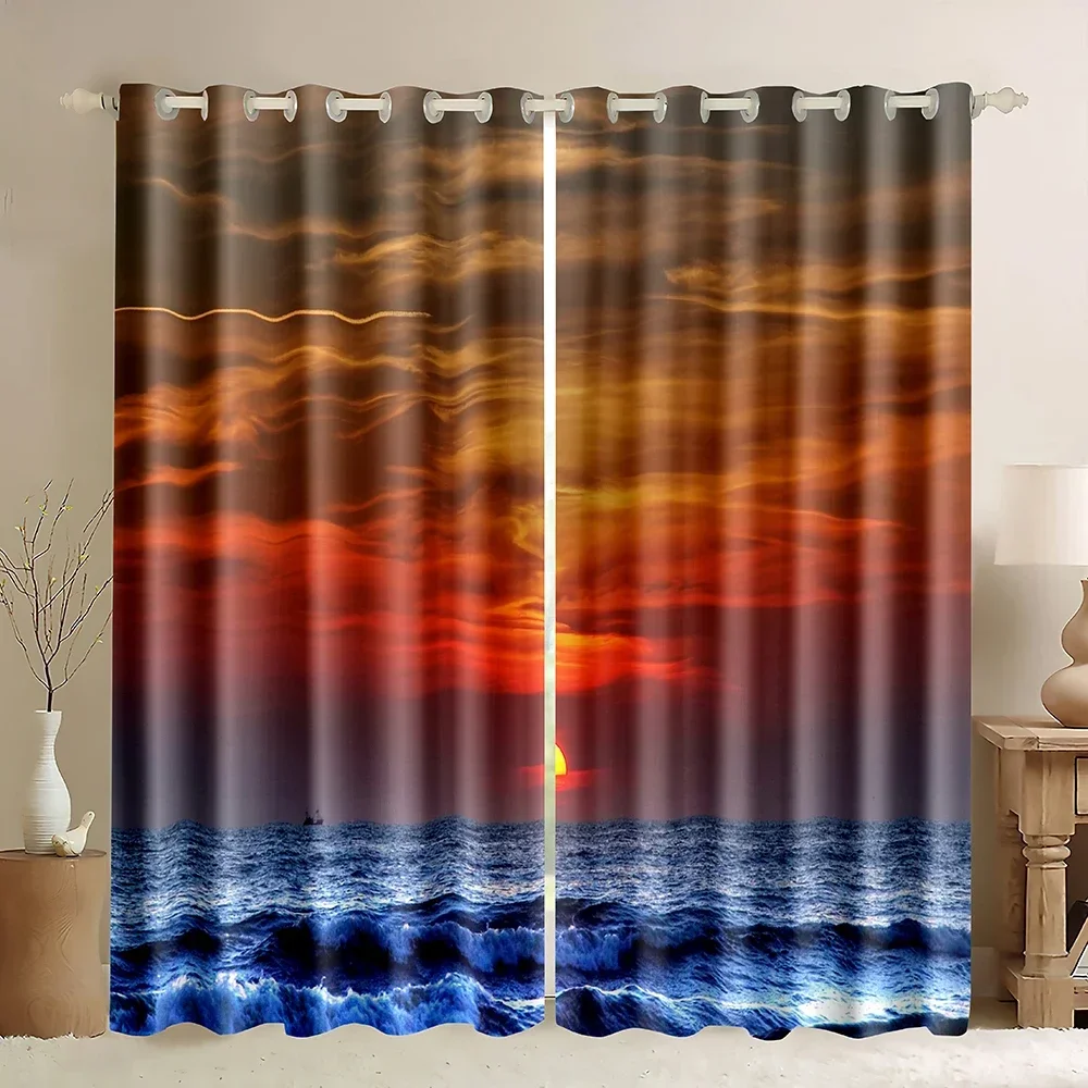 Ocean Beach Sunset Palm Trees Blackout Curtains Tropical Island Decor Seaside Grommet Window Drapes for Bedroom Living Room