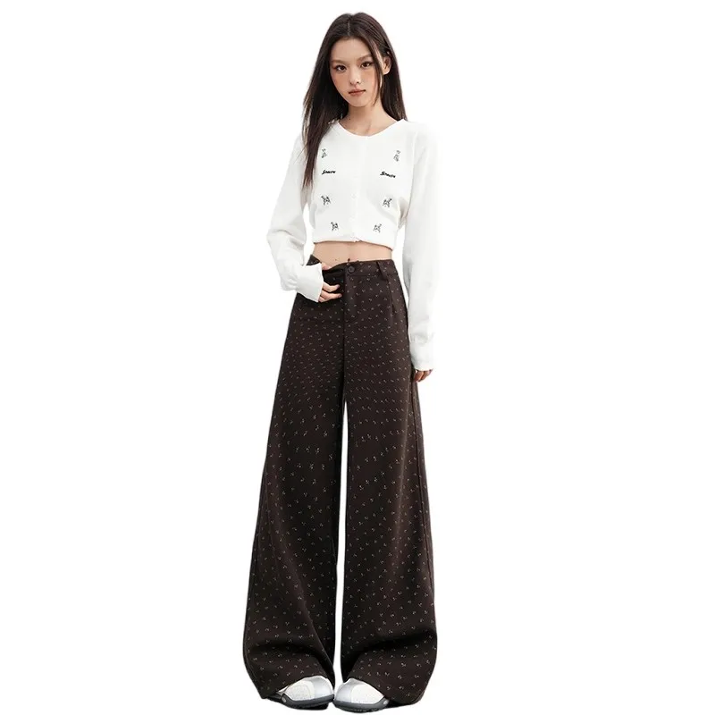 Autumn Winter Floral and Frosted Elegant Wide Leg Pants Women Korean Style High Waist Baggy Pants Office Ladies Loose Trousers