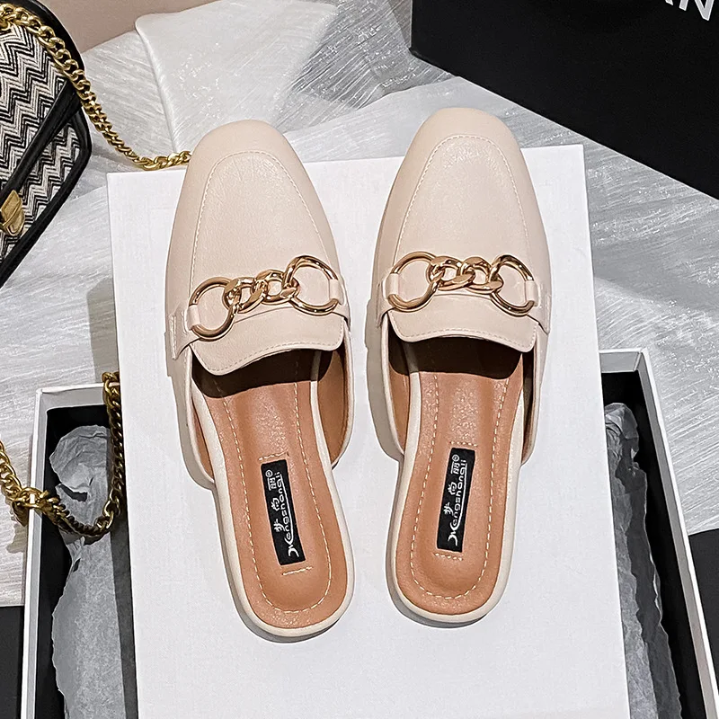 Shoes Woman\'s Slippers Slides Cover Toe Low Loafers Rivet Fashion Female Mule 2024 Summer Flat Luxury Mules Hoof Heels Fabric Ru