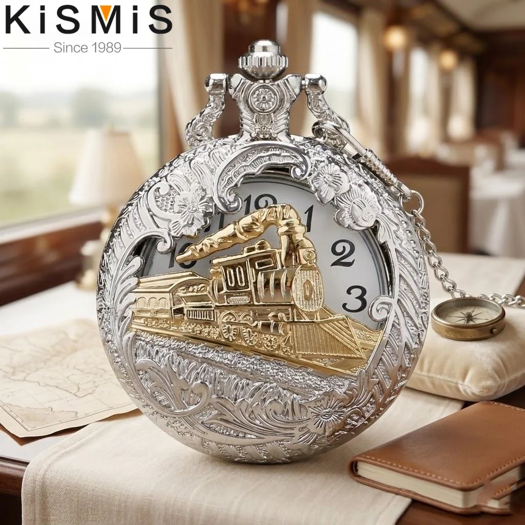 Vintage Steam Train Antique Chain Quartz Pocket Watch Round Skeleton Case Roman Numerals Locomotive Pendant Watch