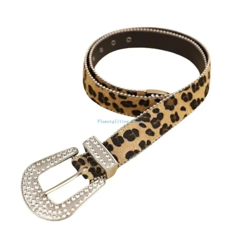 

652B Waist Belt Rhinestones Buckle Leopard Print for Casual Costume for Jeans Dress