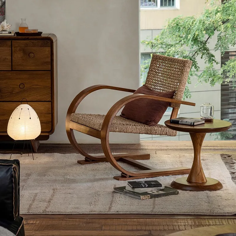 

Wabi- wind grass rope solid wood single chair small apartment living room designer sofa chair B & B balcony leisure chair
