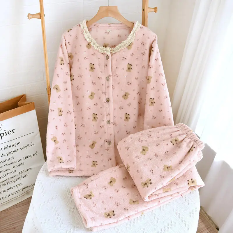 Damski komplet piżamy z polaru koralowego, zimowy strój domowy, do noszenia na zewnątrz, miękka odzież do spania, gruby, ciepły, piżama nocna, zestaw piżam dla studentek.