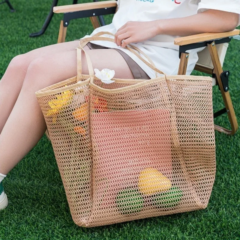 

Fashion Beach Bag Large Capacity Foldable Women's Shoulder Tote Mesh Travel Shopping Handbag Solid Color Sundries Storage Bag