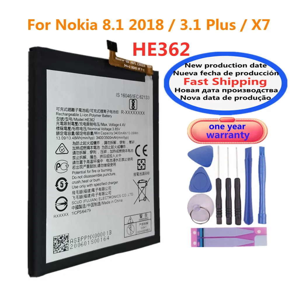 New 3500mAh HE362 Battery For Nokia 8.1 2018 3.1 Plus / X7 TA-1119 TA-1128 HE 362 Mobile Phone Battery Bateria + Tools