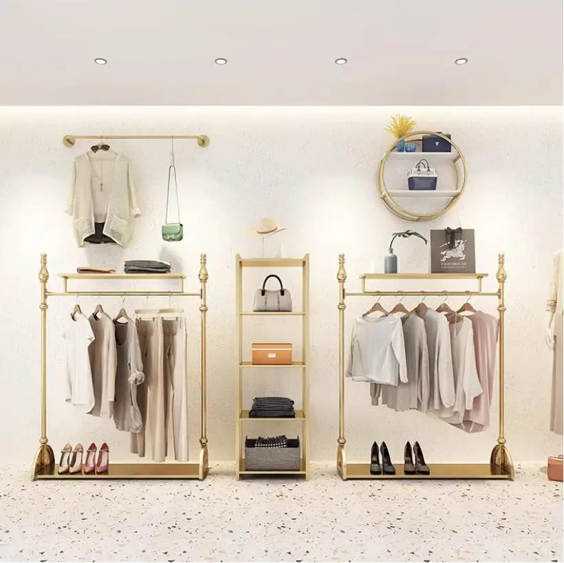 Clothing store display rack, floor standing display rack, hanging clothes rack, golden European style clothes rack