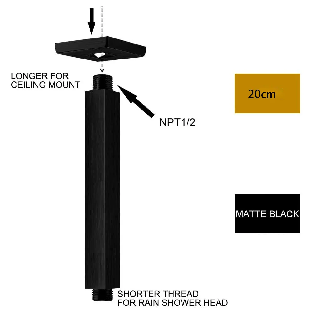 Stainless Steel Square Shower Hanging Pipe Concealed Shower Column Connecting Rod Concealed Wall Shower Arm Matte Black