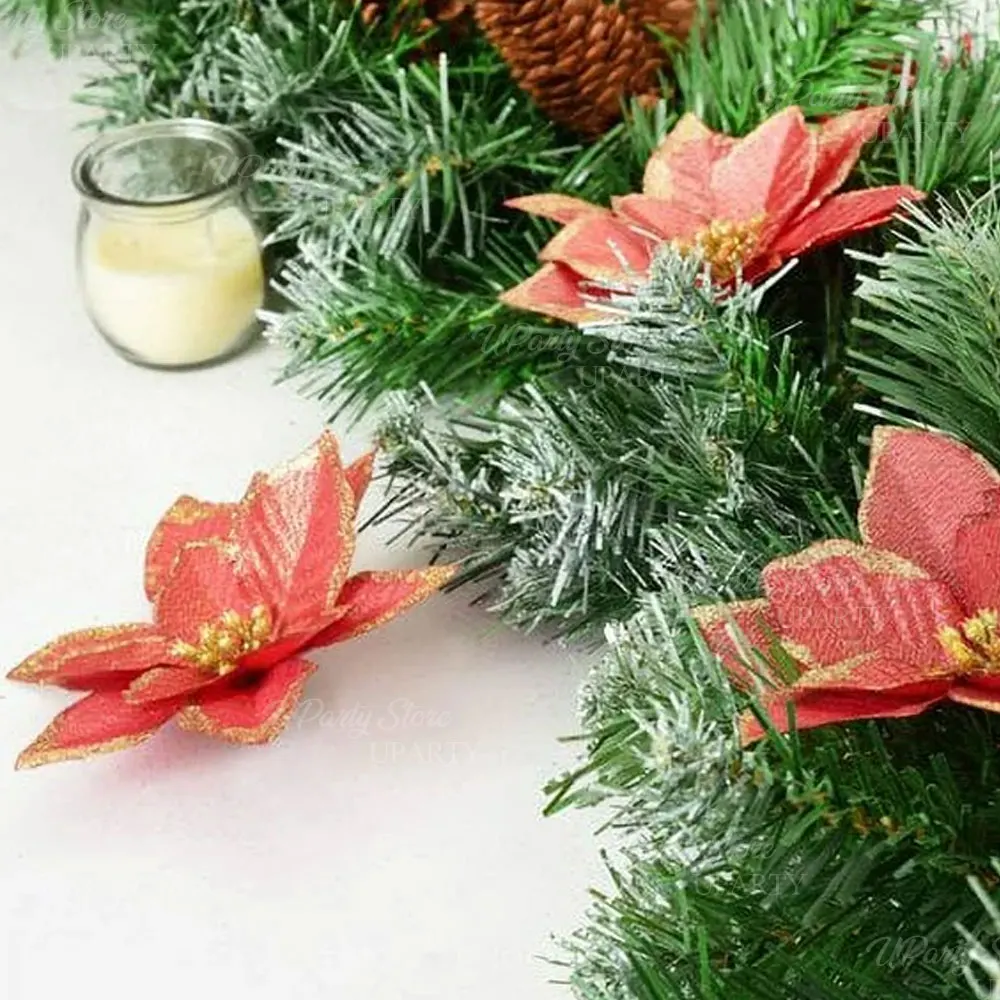 10 Stück künstliche Weihnachtsblumen, 13 cm, glitzernde goldrote Weihnachtsstern-Blumen für Weihnachtsbaum, DIY-Kranz, Weihnachtsfeier-Dekorationen – Detail 3