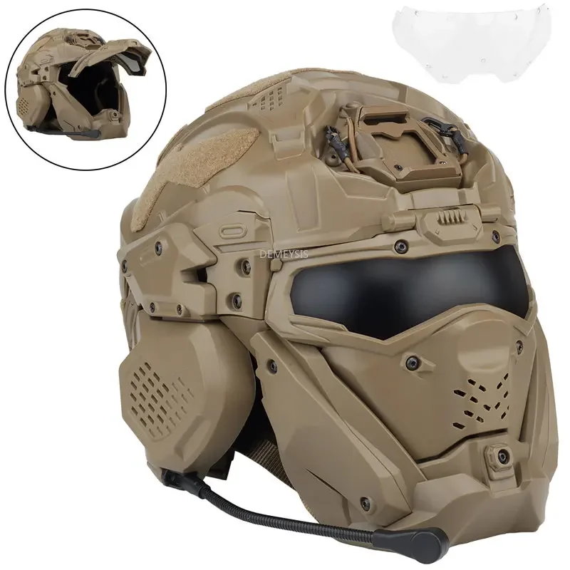 Full Covered Helmet Built-in Communication Headset Anti-fog Fan Tactical Combat CS Helmets Mask with Replacement Lens