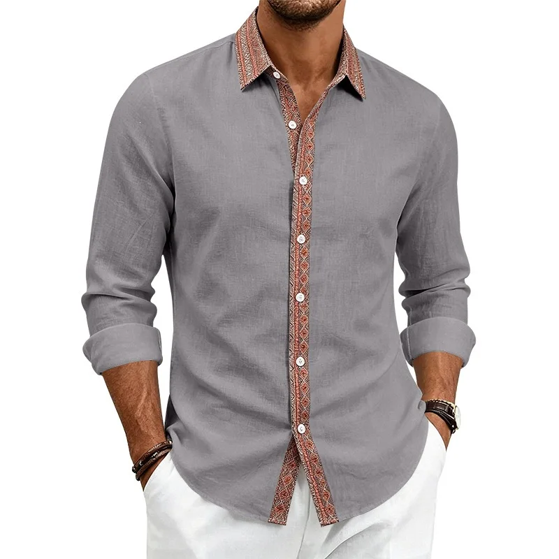 

Spring and Autumn retro linen long-sleeved shirt cross-border US size ethnic style contrasting color placket lapel shirt men