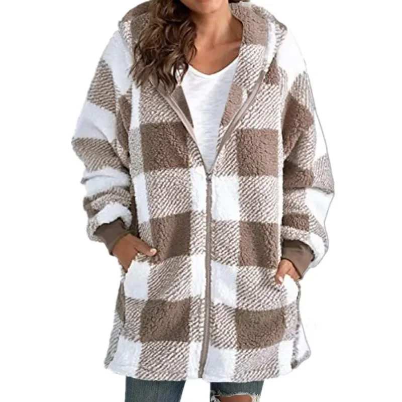 Plush Women's Long Coat 2024 Autumn/winter New Fashion Long-sleeved Plaid Spell Color Hooded Zipper with Pockets Loose Coat Y2k