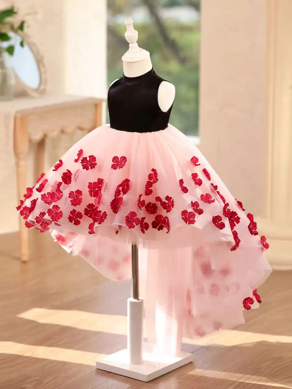 Dreamy Vow D217 Elegante abito da ragazza di fiori Hi-Low Fiori 3D Principessa Abito formale per bambini per matrimonio Compleanno Festival Festa Spettacolo