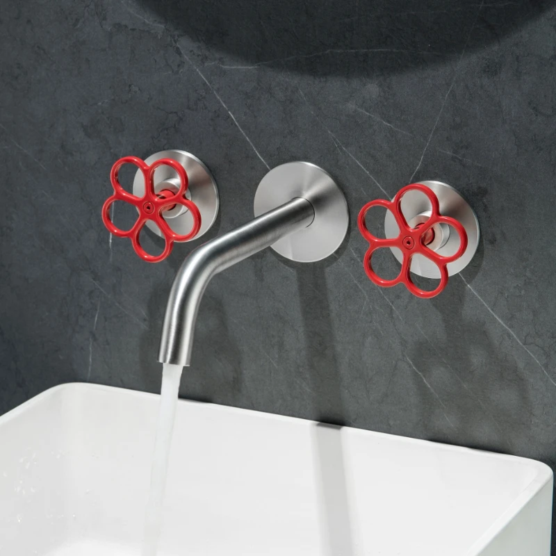Little Red Flower Splash-Proof Wall-Mounted Hidden Plum Blossom Handle Non-Slip High-End Bathroom Basin Faucet Simple Style
