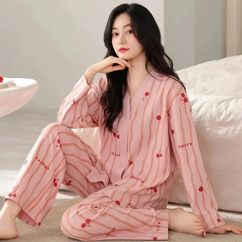 

Women's Spring Autumn Pajamas Mid Sleeve Long Sleeve Cardigan Cherry Home Clothes Set Comfortable Home Furnishing 2PCS