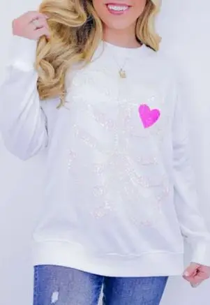 Womens Sequin Skeleton Crew Neck Long Sleeve Pullover Tops Casual Streetwear Halloween Sweatshirt