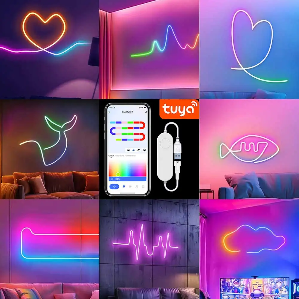 TUYA WiFi Neon RGBIC Strip Light Smart LED Lights Ribbon Lighting USB 5V Lamp Smart APP Dream Color Waterproof Neon Decor Strips