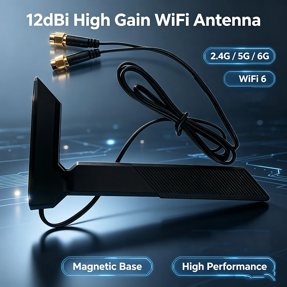Triple Band 2.4G/5G/6GHz WiFi6 Antenna RP-SMA Magnetic Base for AX210 AX200 PCI-E Desktop PC1.2 Meter External Antenna Booster