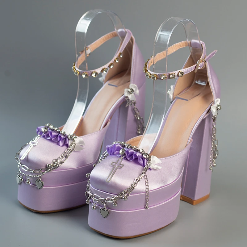 2022 Newest Metal Chain Purple Sandals 15cm High Heel Fashion Lolita Crystal Cross Lace Satin Princess Girls Shoes Size 35-42