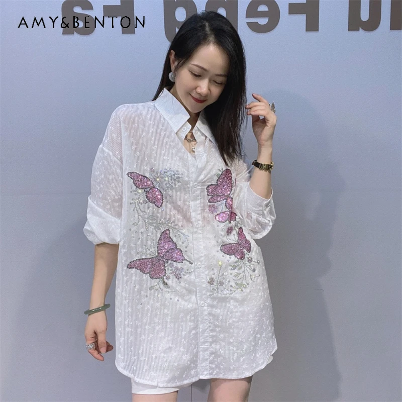 

European Style Women's Casual Versatile Summer Sun Protection Long-sleeve Shirt Lightweight Loose-fit Rhinestone Embellished Top