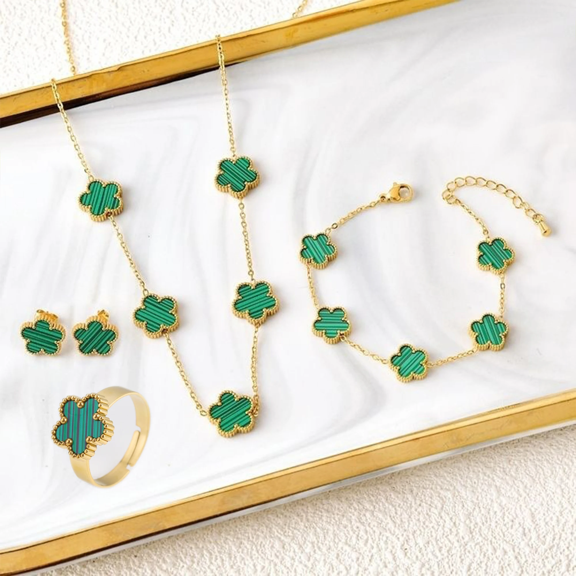 4Pcs 18k Gold-Plated Five-Leaf Flower Necklace Earrings Bracelet Rings Jewelry Set For Woman Party Jewelry Daily Wear Clover