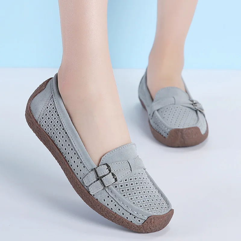 Cozy White Hollow Shoes Moccasins Women\'s Genuine Leather Ballet Flats Breathable Loafers Female Mom Soft Casual Driving Sandals