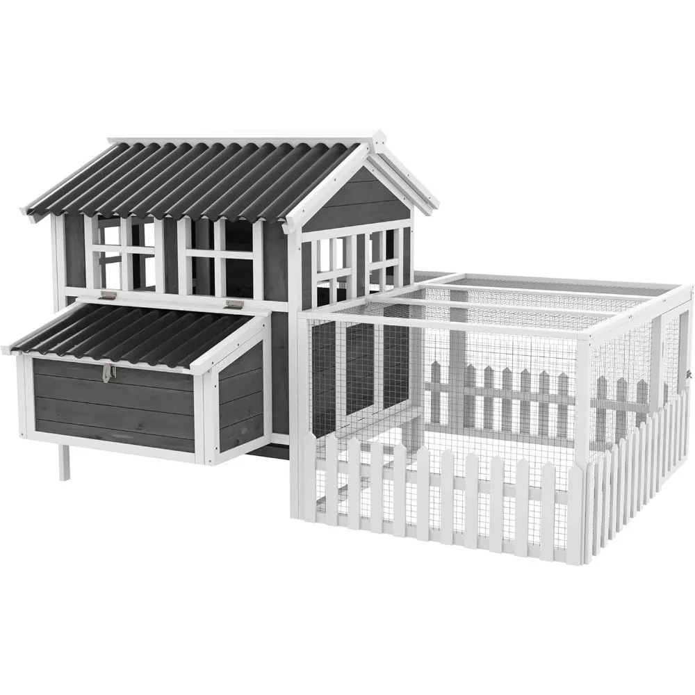 

Wooden Chicken Coop with Run for 3-4 Chickens, Hen House with Nesting Box, Removable Tray, Fence, Outdoor Poultry Cage