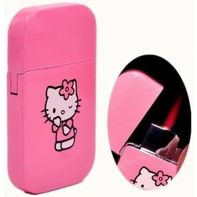 

Pink Glitter Hello Kitty Pocket Lighter, KT Cat Refillable Kawaii Kuromi Y2K Aesthetic Pink Windproof Flame Gas Lighter