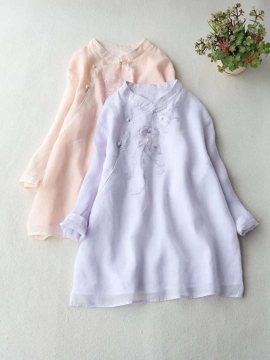 

New Chinese Sle Embroidered irt Women's Summer Hanfu Tang Costume Top Button Design Cotton Blend Busin Casual Faion