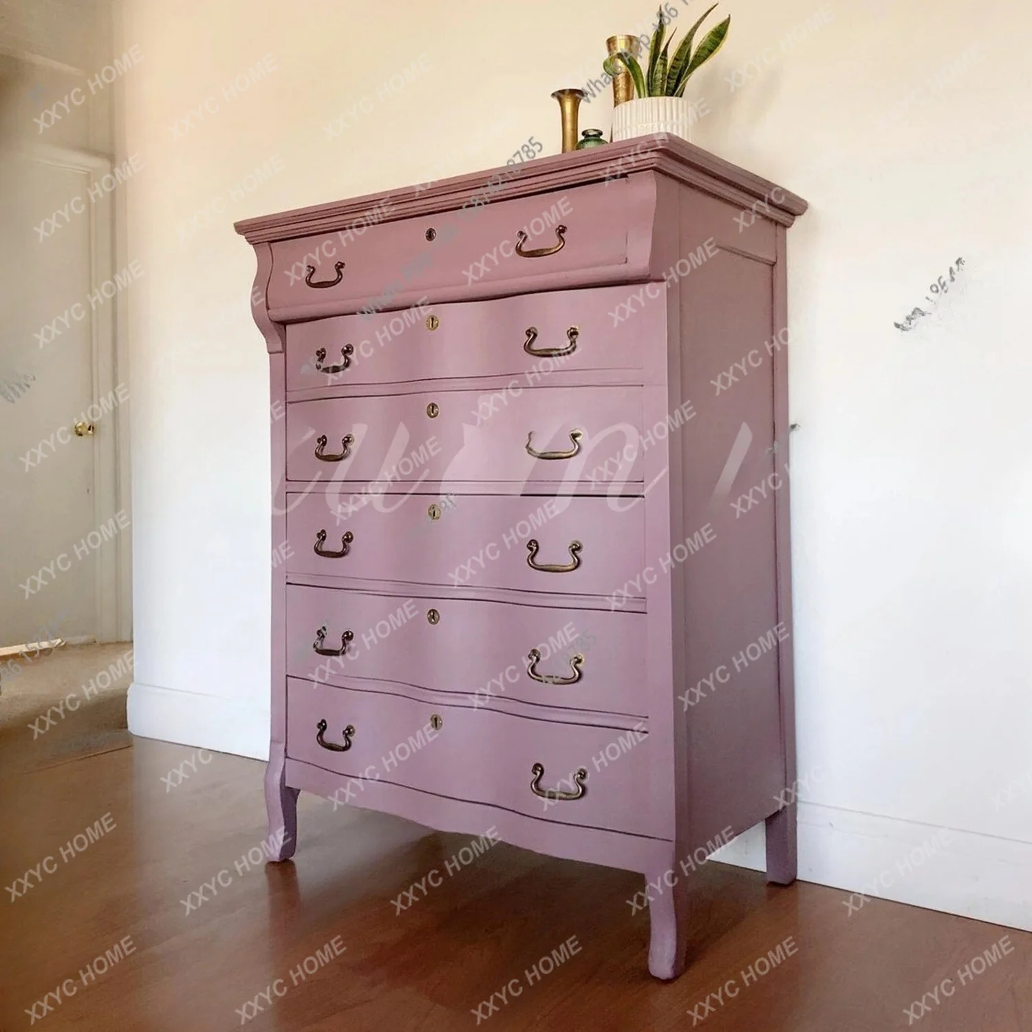 XX  medieval solid wood chest, bedroom, bedside high chest,  living room, dragon fruit color, storage six chest