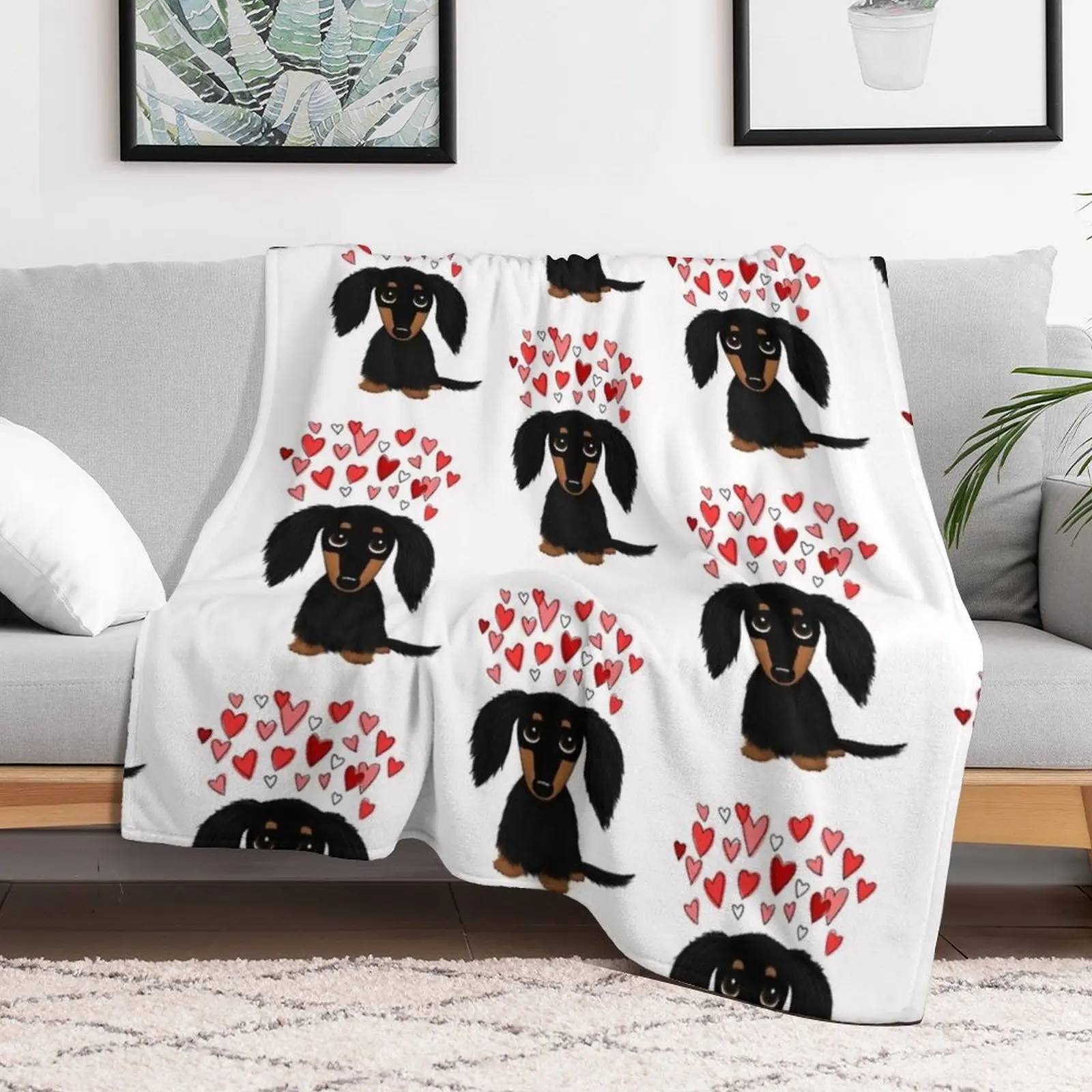 Black and Tan Longhaired Dachshund with Hearts Throw Blanket Hairy Loose Vintage Nap Blankets