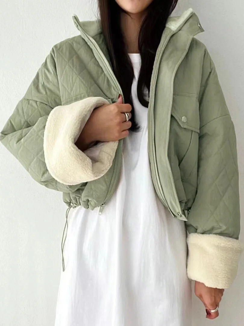 شيك الخريف الشتاء الدافئة لامب المخملية القطن Jaet المرأة فضفاضة شخصية طوق ort تصميم مكافحة الشيخوخة الملابس القطنية