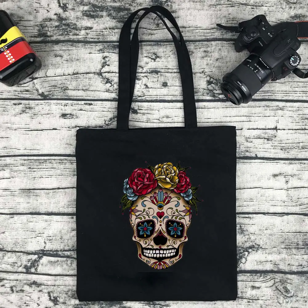 Skull Print 2022 Ladies Handbag Cloth Canvas Tote Black Shopping Travel Women Eco Reusable Shoulder Shopper Student Shopping Bag