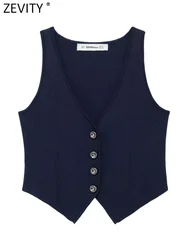 Zevity Women Fashion Navy Blue Single Breasted Knitted Vest Tank Tops Vintage V-Neck Sleeveless Female Chic Lady Crop Top LS6242