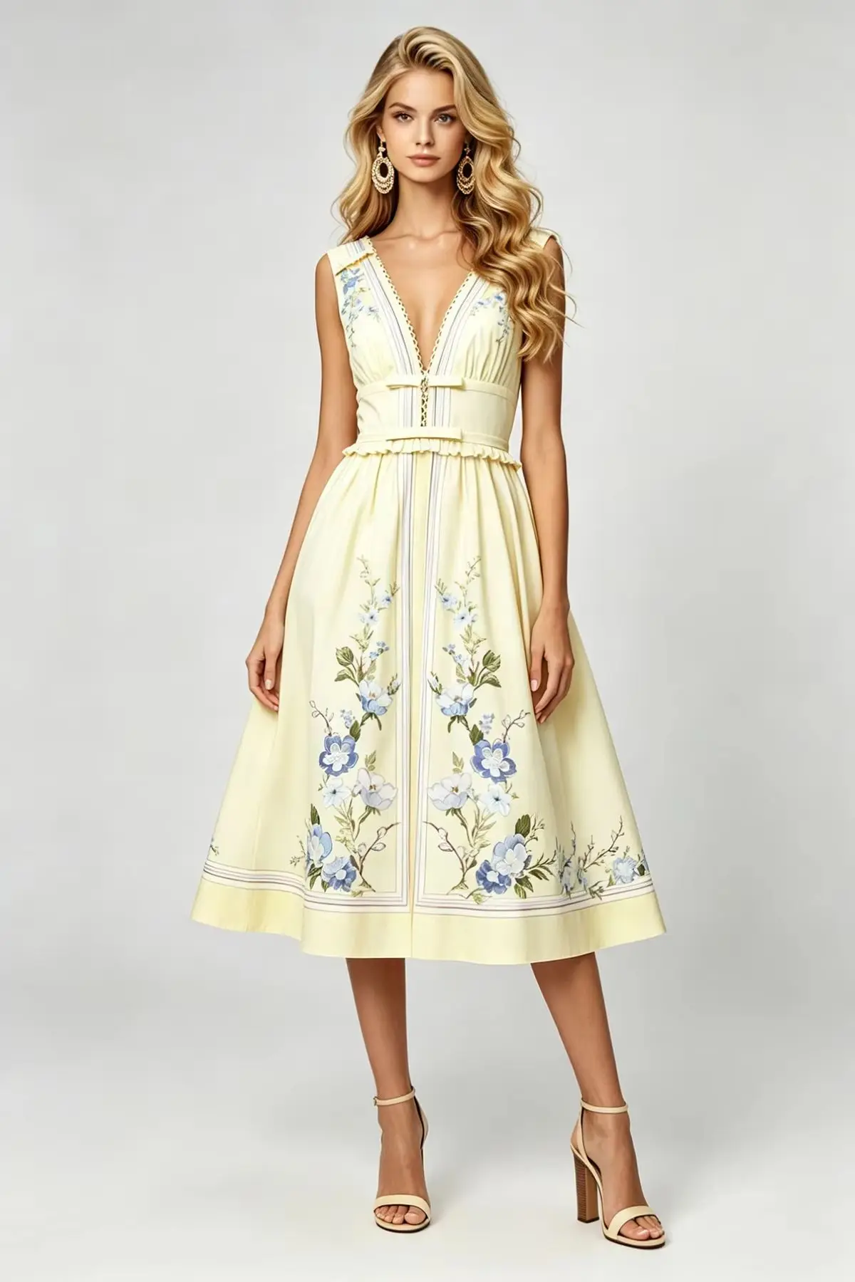 

Elegant Sweet Fresh Floral Print Pleated Midi Dress V Neck High Waist Summer Sleeveless Boho Party Long Dress for Women