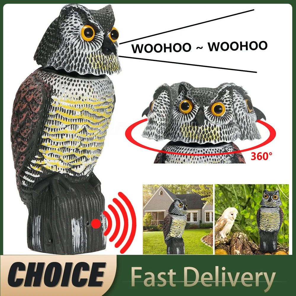 Fake Owl Decoy Plastic Owl Scarecrow Sculpture with Rotating Head and Sound for Garden Yard Bird Repellent Outdoor