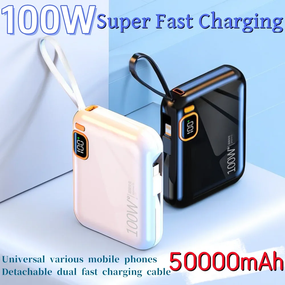 

PD100W 50000mAh Mini Portable Power Bank, USB-C Detachable Cable, Bidirectional Fast Charge，For Various Mobile Phones