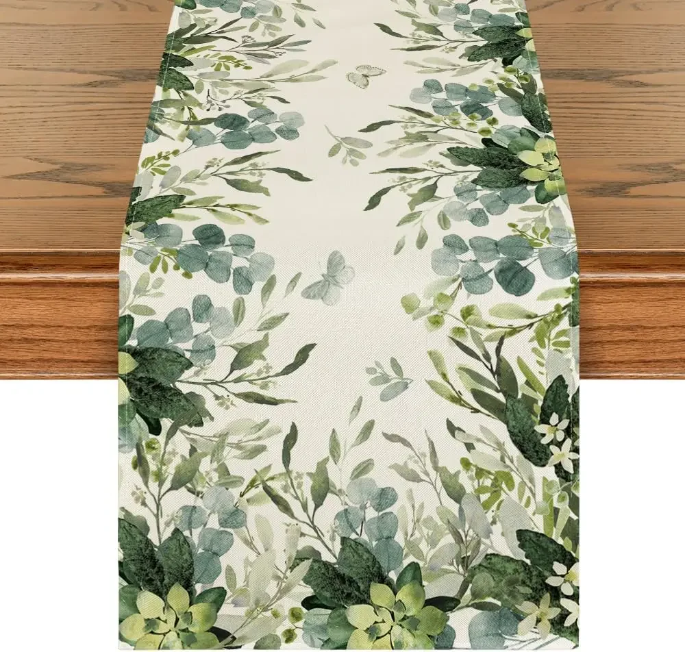 Spring Green Flowers Eucalyptus Linen Table Runner Holiday Party Decor Farmhouse Kitchen Dining Table Runner Wedding Decoration